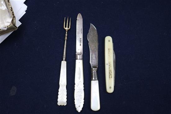 Seven 19th century and later silver and mother of pearl handled travelling forks a similar silver fruit knife and three other items.